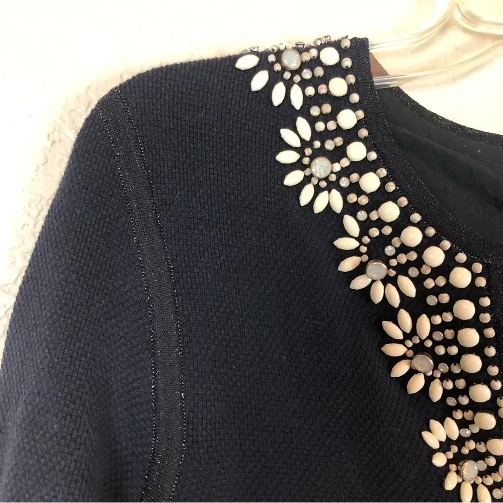 Tory Burch Navy Blue Beaded Long Sleeve Tunic Sweater XS